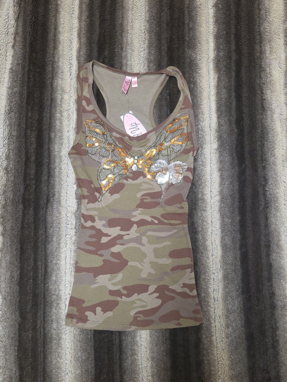 Y2K VINTAGE MADE IN USA Camo Sequin Butterfly Racerback Tank Size S